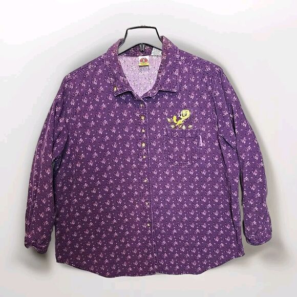 VTG Looney Tunes Women (22/24) long Sleeve Button Up Shirt Purple Cordory Tweety - Picture 1 of 10
